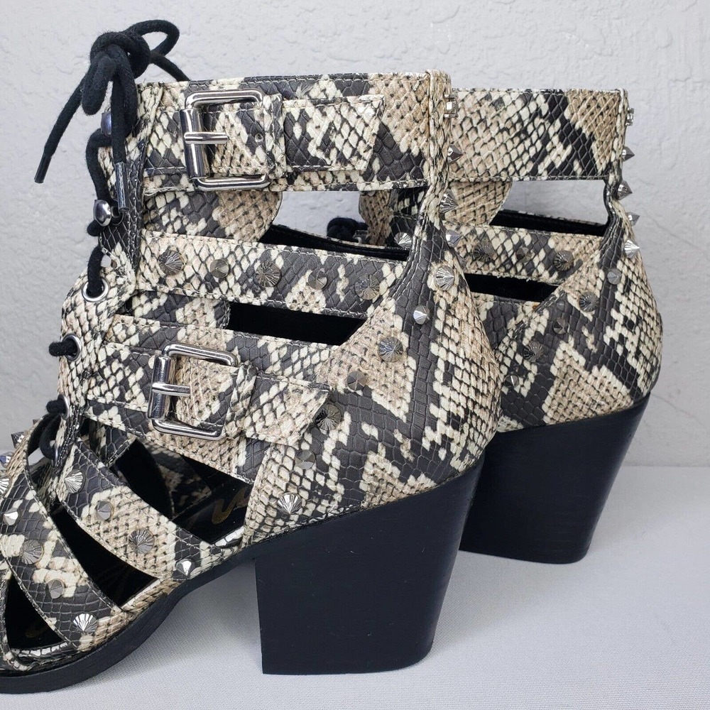 Sam Edelman Elana Boots Studded Snake Print Cagged Lace Up Heel Booties - Picture 7 of 14